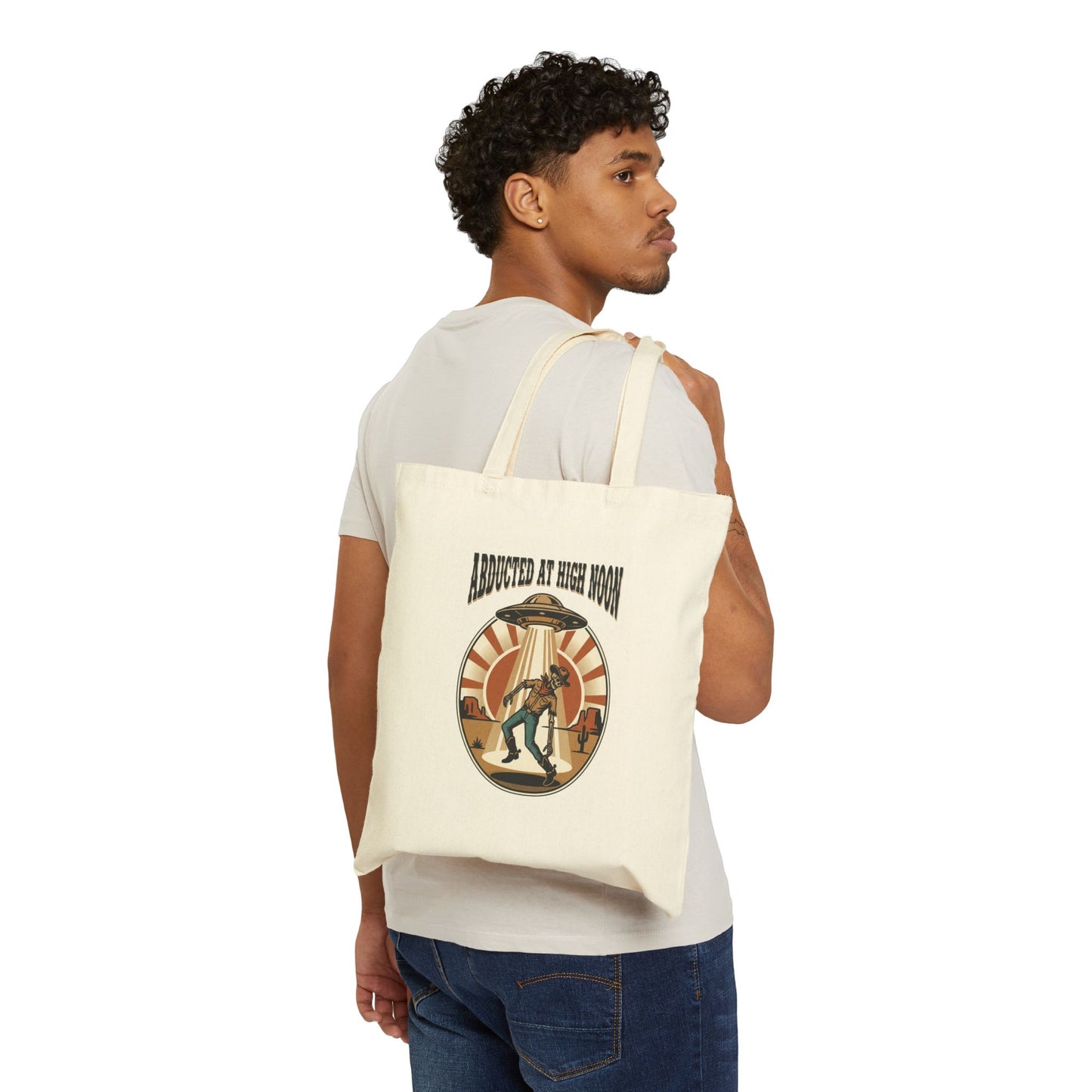 Abducted at High Noon Tote | Retro UFO Desert, Vintage Western Alien Graphic