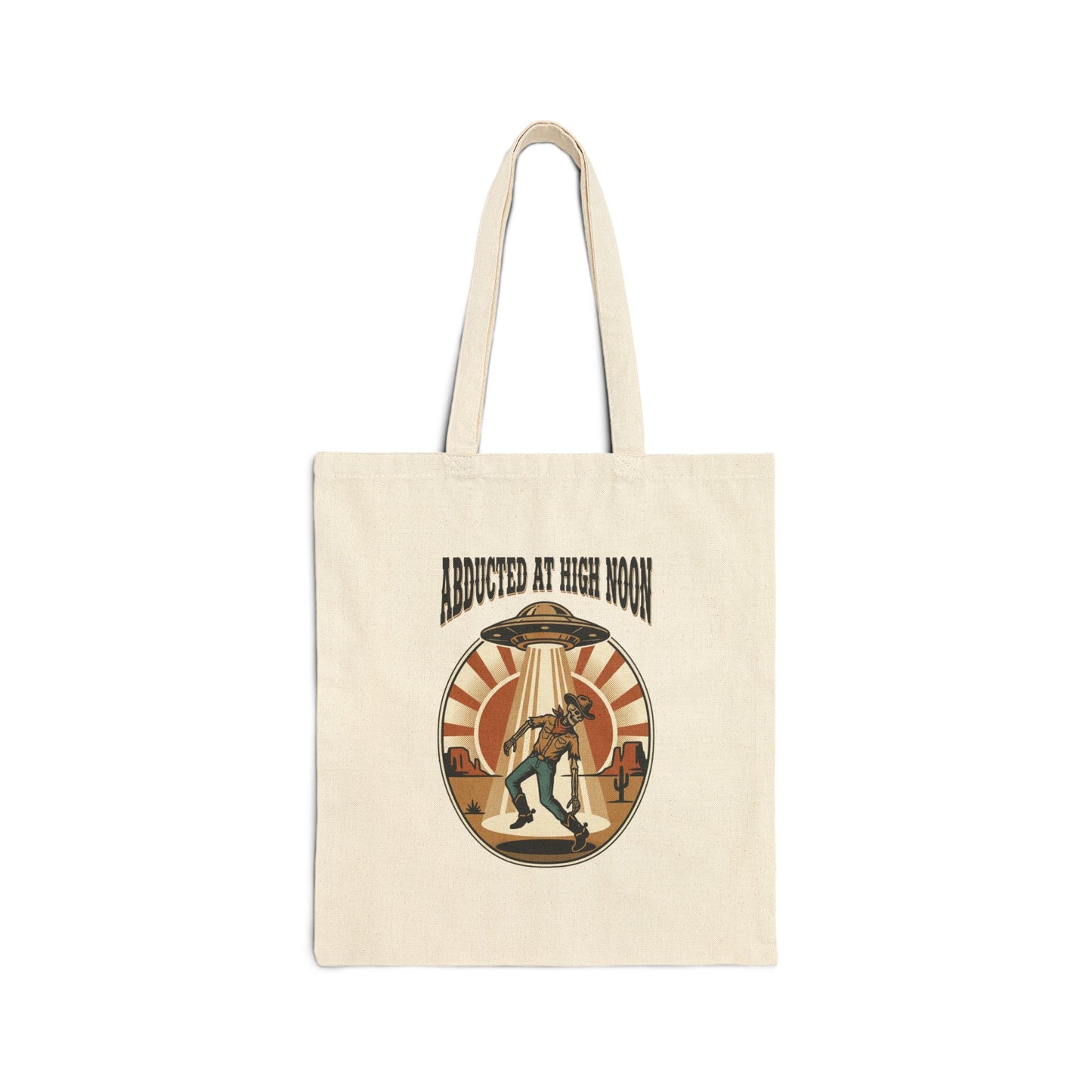 Abducted at High Noon Tote | Retro UFO Desert, Vintage Western Alien Graphic