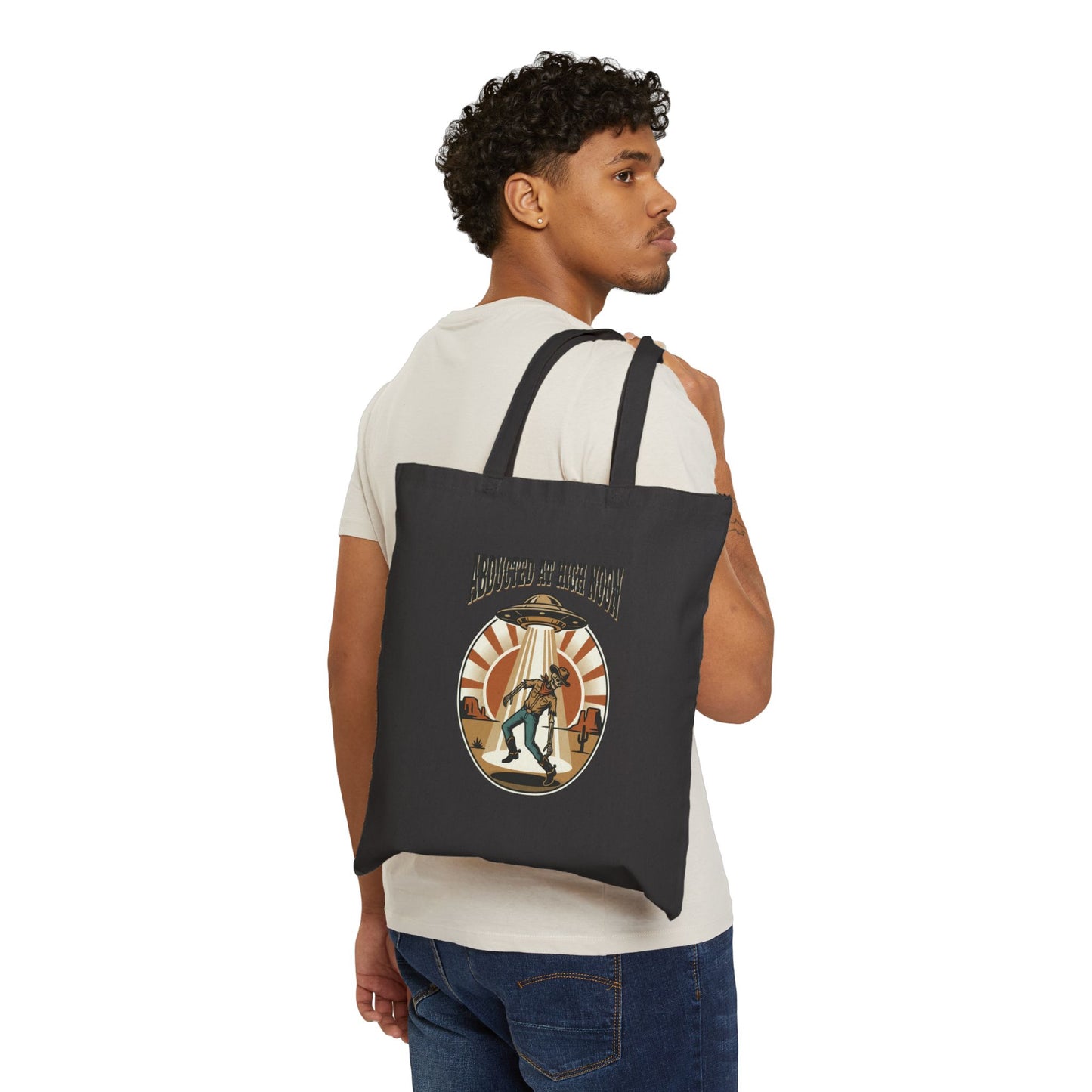 Abducted at High Noon Tote | Retro UFO Desert, Vintage Western Alien Graphic