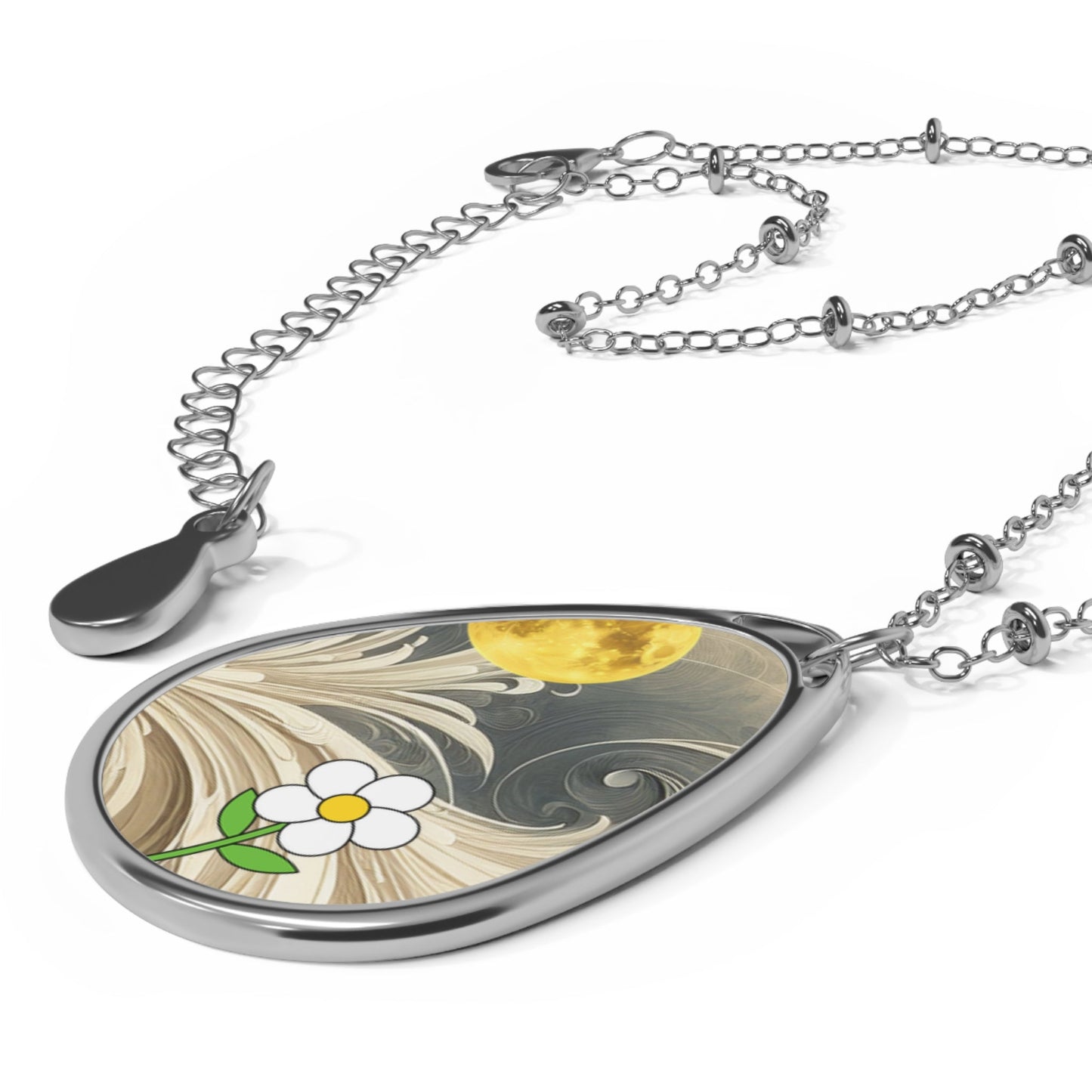 Daisy Moon Oval Necklace — Minimal Silver Teardrop Pendant with Cute Daisy Design - ShopallssAccessoriesShopallss18315871302674157278